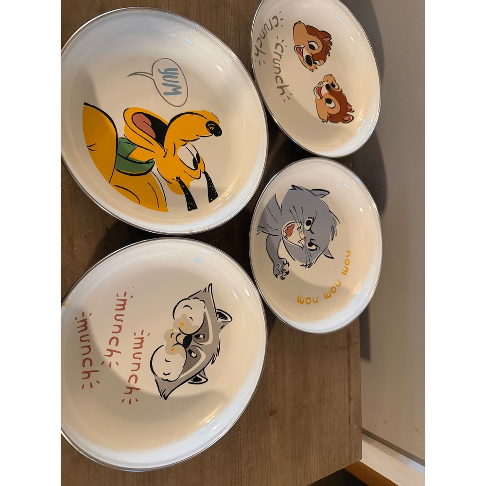 Disney Parks Enamel Plate Set Pluto Chip n Dale Meeko Lucifer‎ Speckleware 4pc